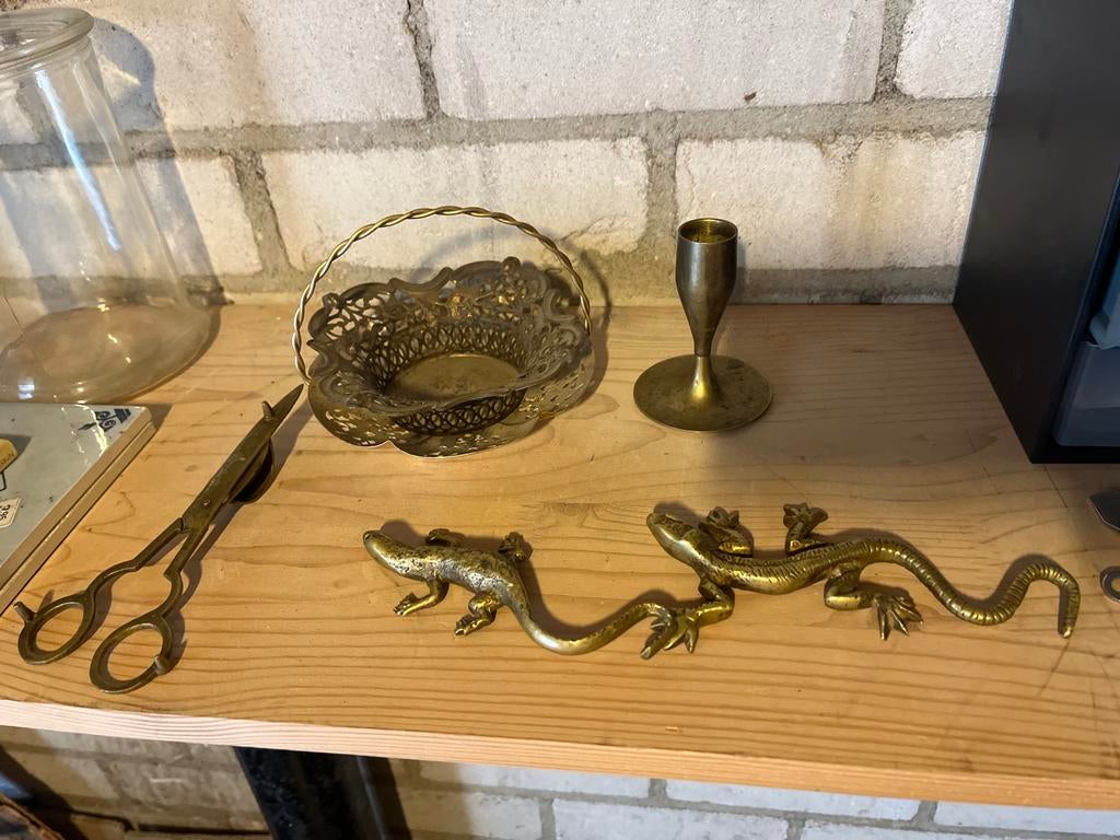 Vintage Koperen Decoratie Set: Hagedissen, Kandelaar, Mandje, Antiek en Kunst, Ophalen, Koper