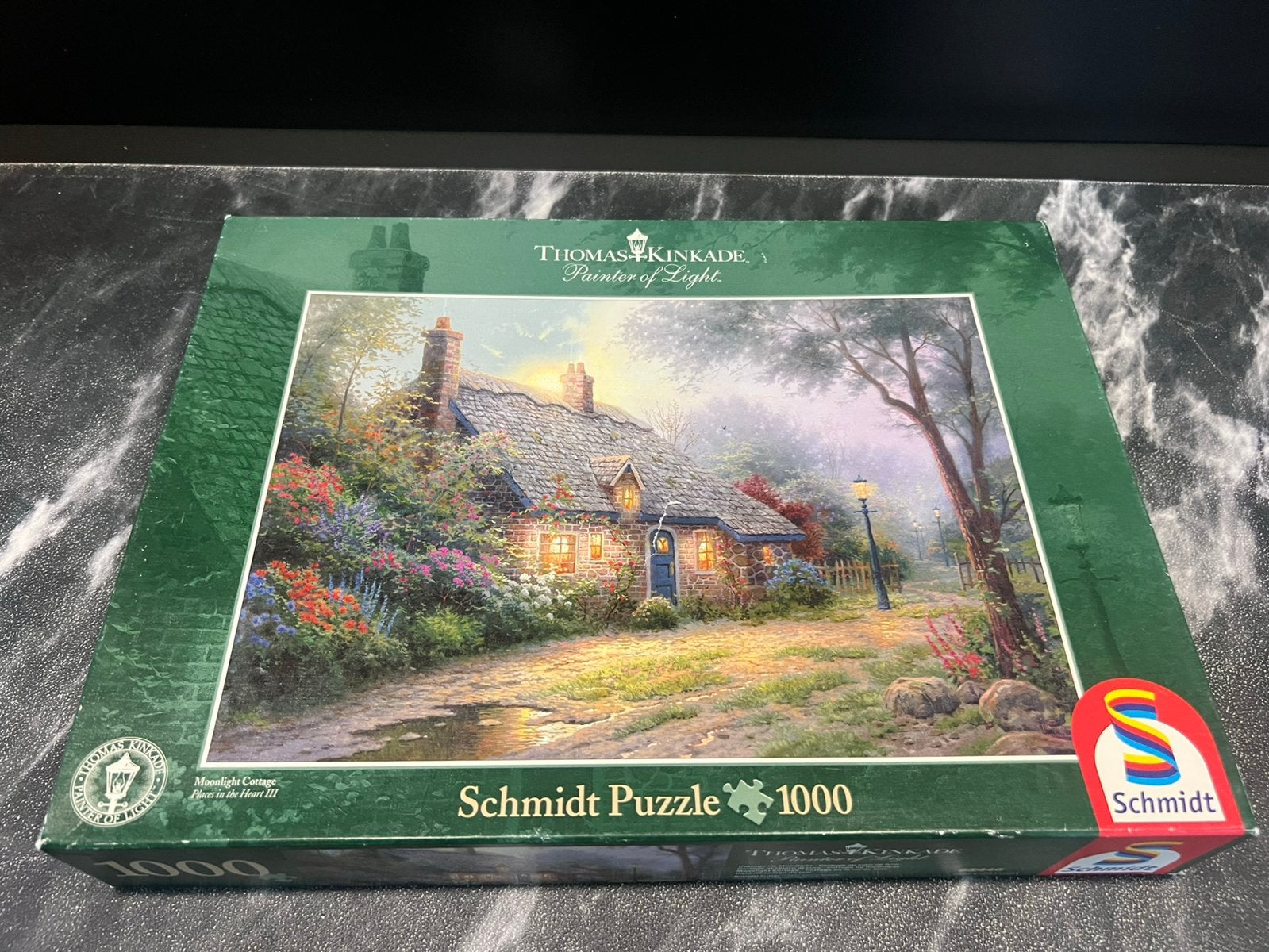 Schmidt puzzel 1000 stukjes Thomas Kinkade Moonlight Cottage, Ophalen of Verzenden, 500 t/m 1500 stukjes, Zo goed als nieuw
