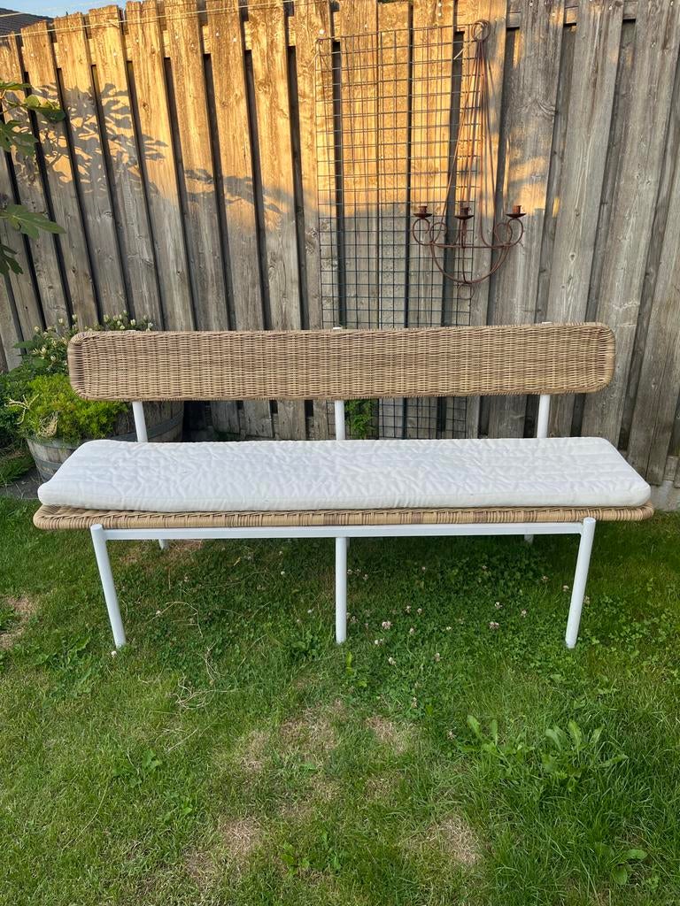 Tuinbank voor bij tuintafel incl kussen, Ophalen, Zo goed als nieuw, Wicker