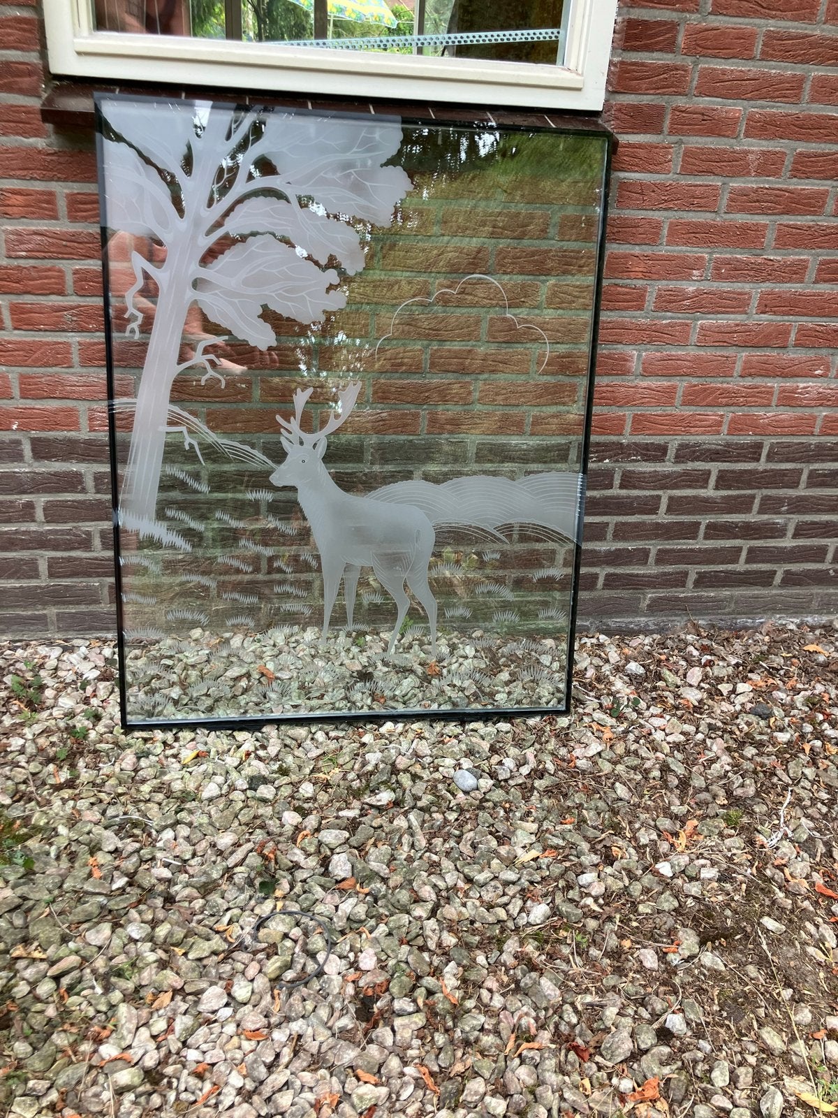 Decoratief raam met hert erin geëtst, 87 x 109,5 cm, Ophalen, Gebruikt, Minder dan 80 cm, 80 tot 120 cm