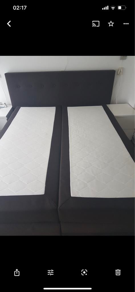 Tweepersoons boxspring met hoofdbord en matrassen, Ophalen, Bruin, Tweepersoons, 200 cm