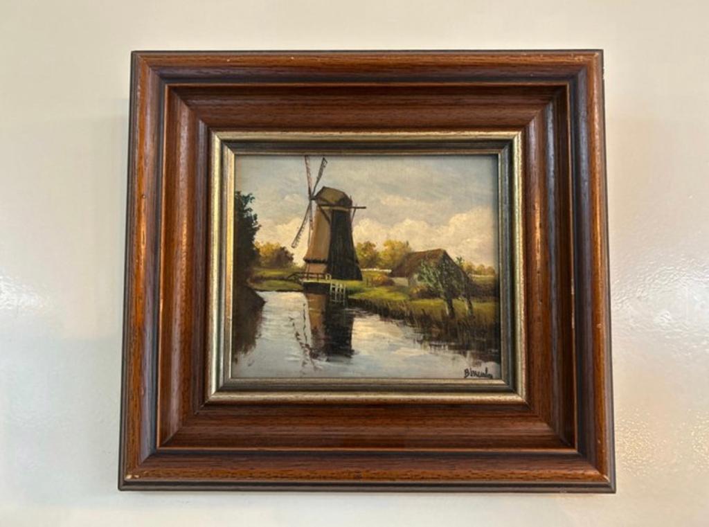 Hollands polderlandschap met molen en boerderij., Antiek en Kunst, Ophalen of Verzenden