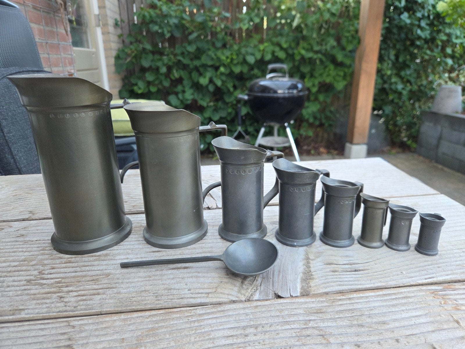 Antieke tinnen maatbekers set met lepel, Antiek en Kunst, Antiek | Tin, Ophalen