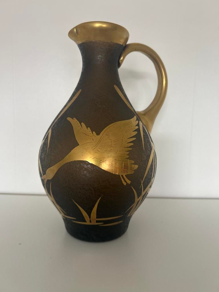 Vintage glazen Vaas met echt Gouden Eenden Decoratie, Ophalen of Verzenden