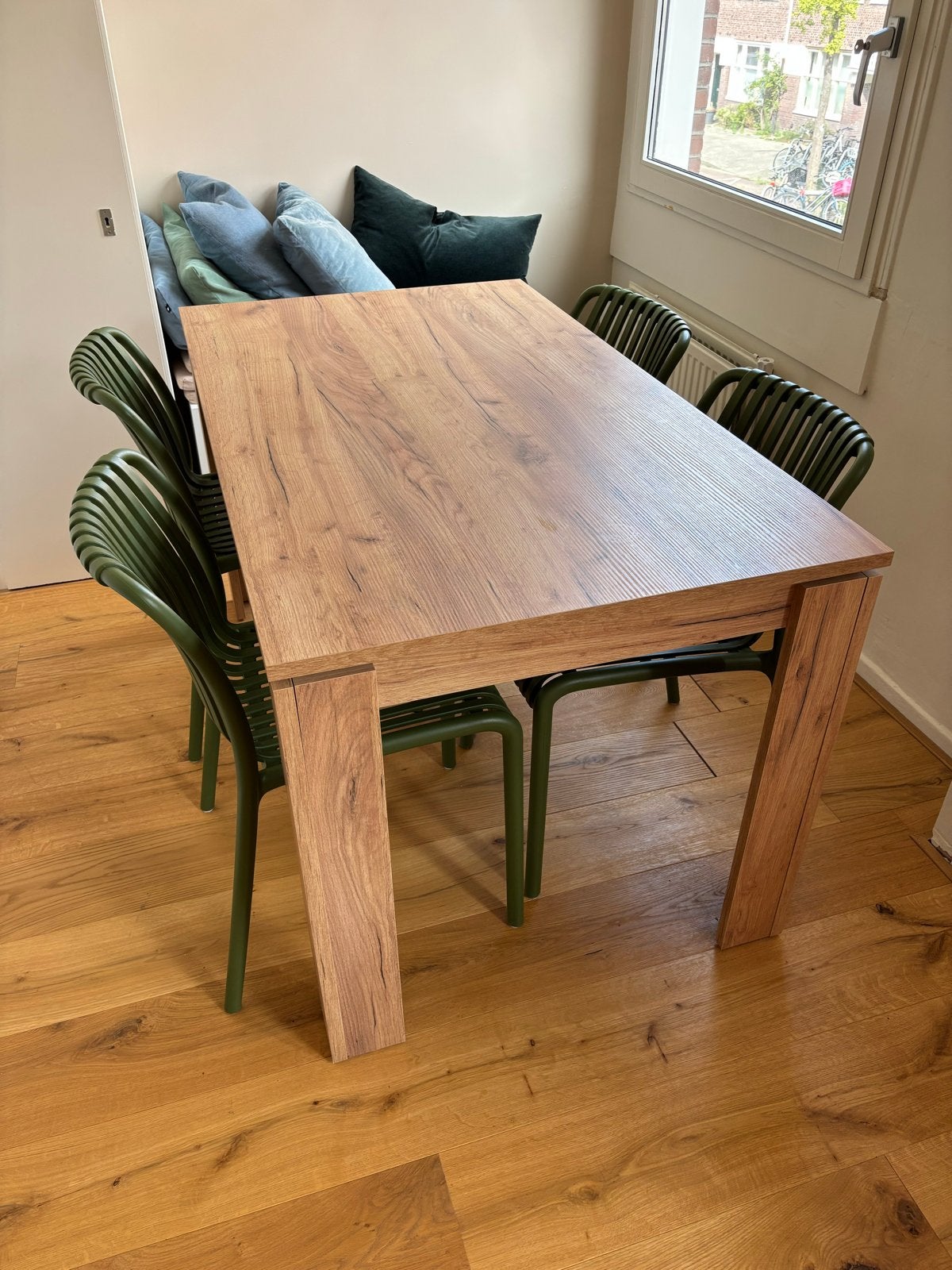 eiken eettafel (80x140) met 4 Sklum stoelen, Ophalen, 100 tot 150 cm, Eikenhout, Nieuw
