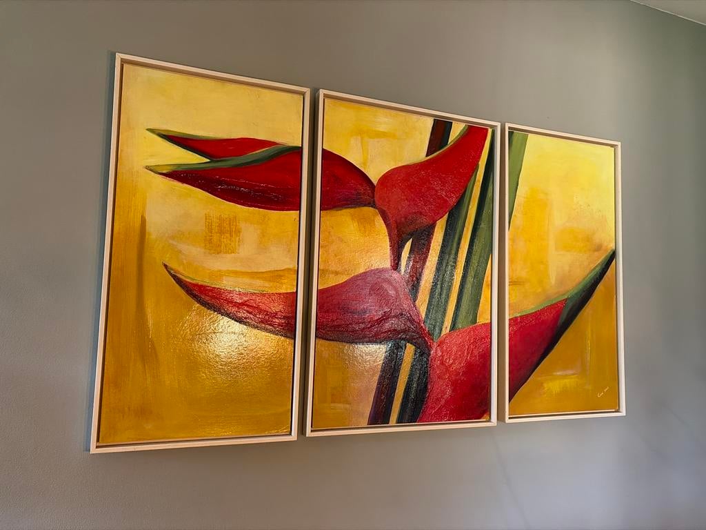 Drieluik Olieverf Schilderij met Houten Lijst - 85x145 cm, Antiek en Kunst, Ophalen of Verzenden