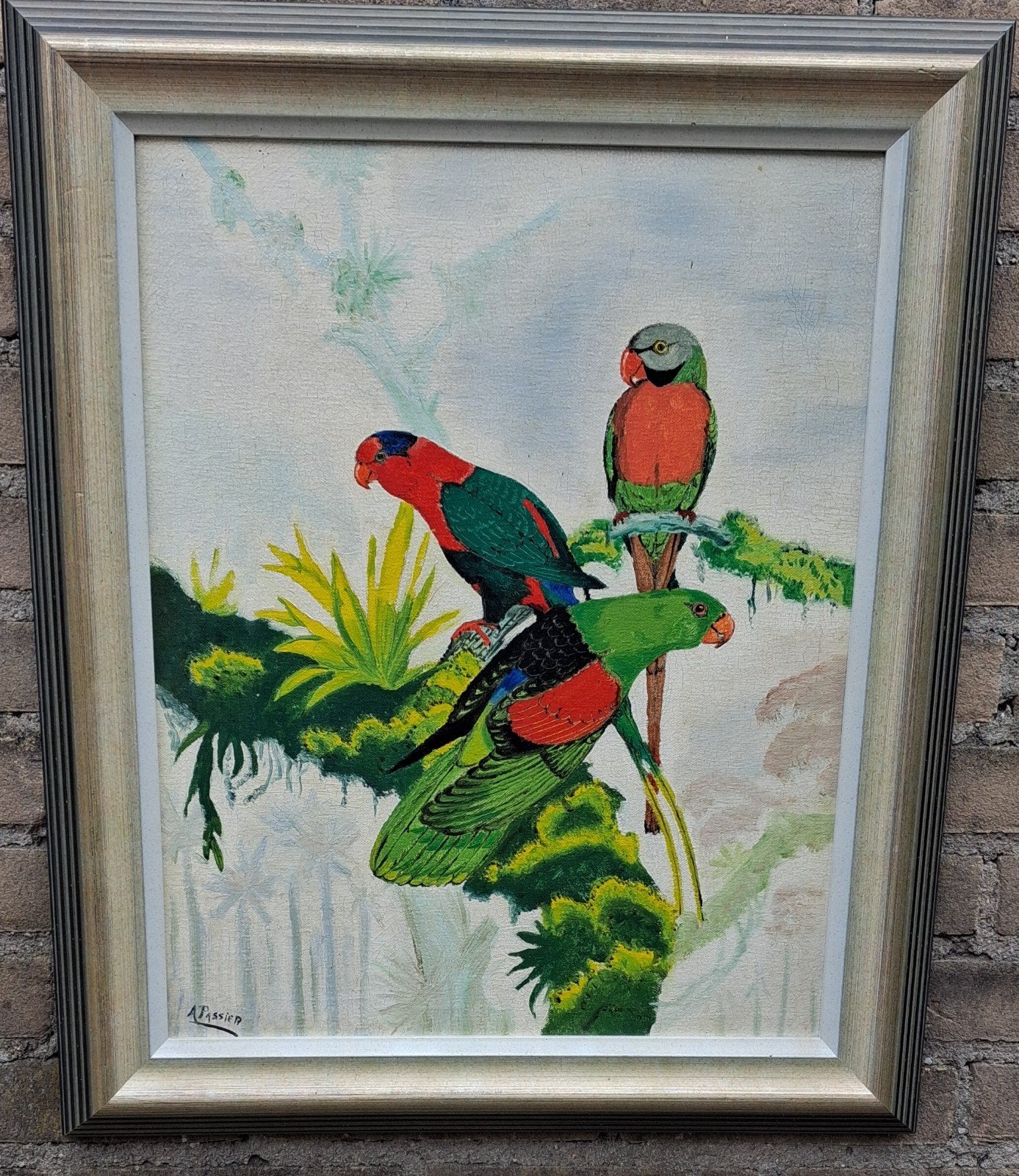 Australische parkieten.  Sign. Acryl/doek. 51/61 cm., Acrylverf, Doek, Realistisch, Dieren
