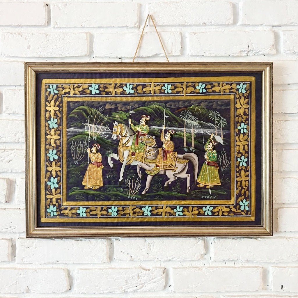 Klein Vintage Indiase Miniatuur Schilderij 34x23,5 cm, Minder dan 50 cm, Ophalen of Verzenden, Zo goed als nieuw, Schilderij