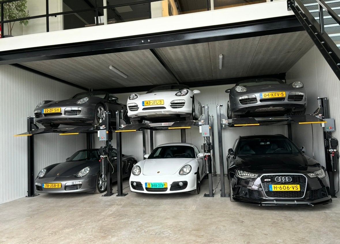 3x Wolf P436 parkeerlift 4-koloms hefbrug 3600 KG 220V, Ophalen, Zo goed als nieuw