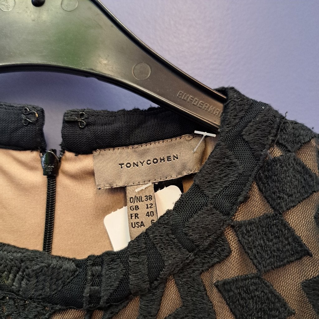 Tony Cohen zwart beige mesh jurkje + borduursel mt S 48144, Tony Cohen, ., Zwart, Ophalen of Verzenden