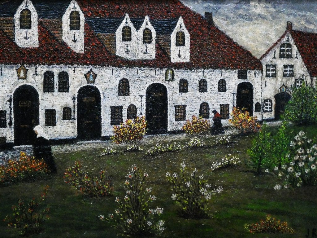 Schilderij van een Begijnhof afkomstig uit België gesign. JR, Doek, Ophalen of Verzenden, Olieverf, Klassiek