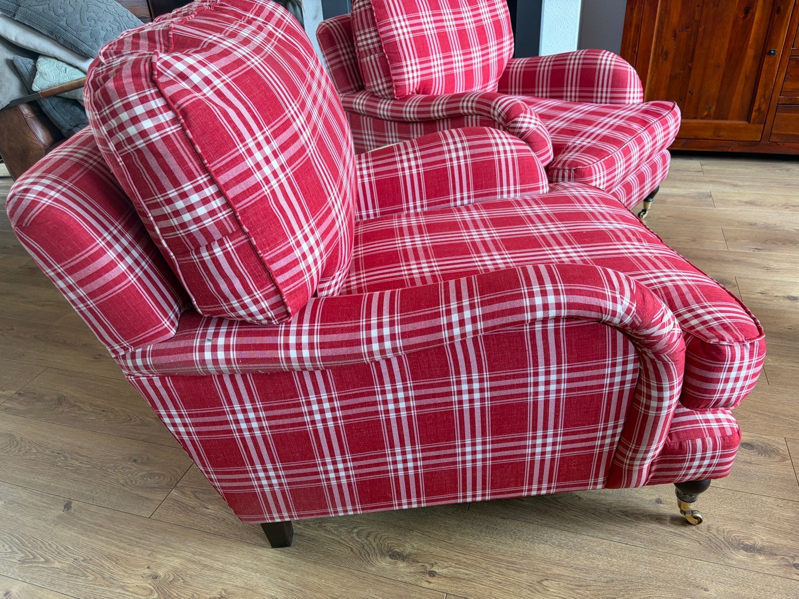 😍 2 Klassieke Engelse Fauteuils Rood Wit Geruit ZGAN, Ophalen, Zo goed als nieuw, Stof, 75 tot 100 cm