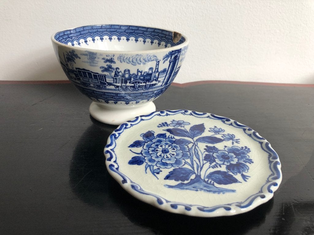 Delfts blauw bordje Porceleyne Fles + spoelkom Petrus Regout, Antiek en Kunst, Ophalen of Verzenden