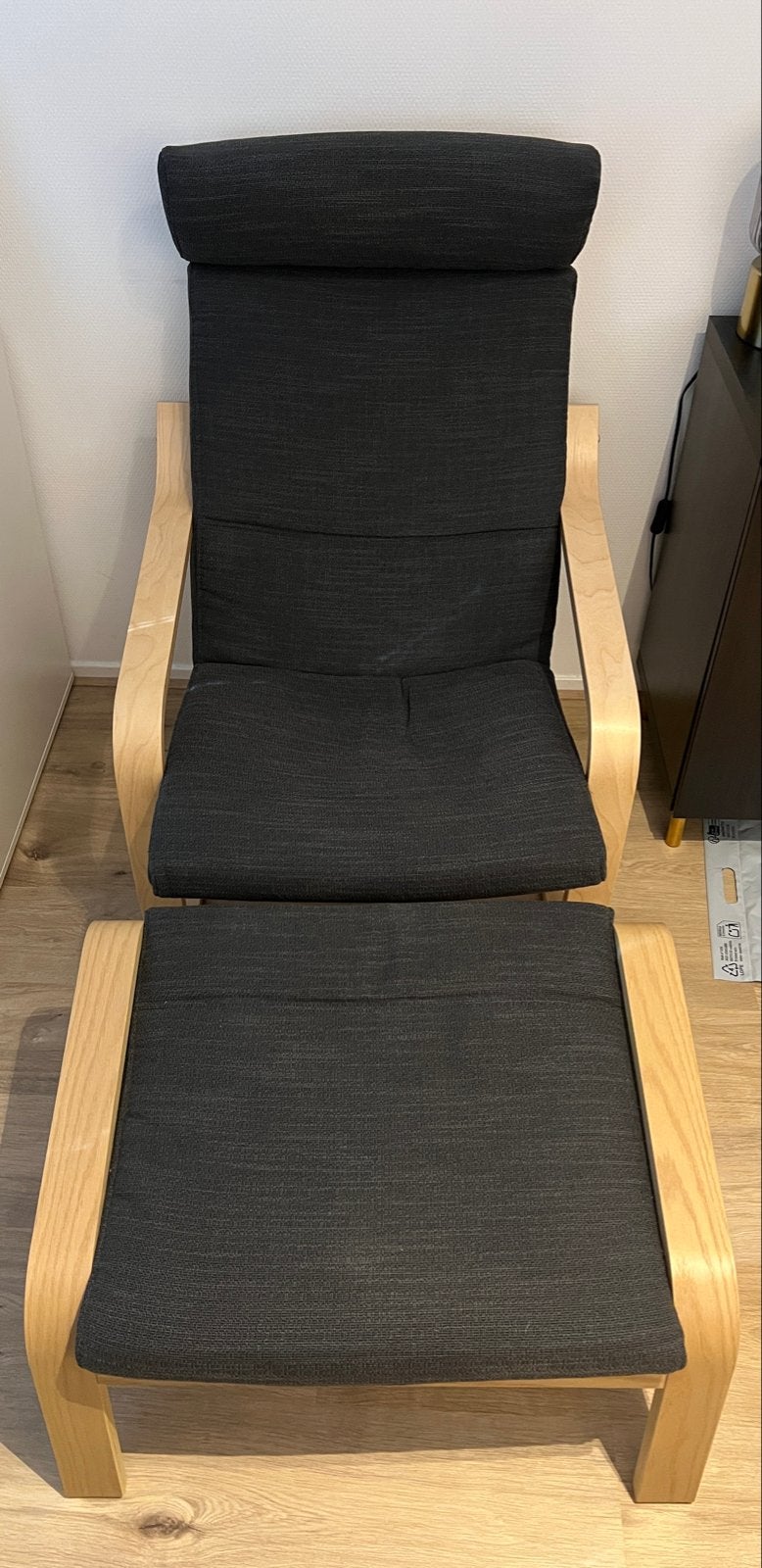 IKEA Poäng fauteuil met voetenbank - Antraciet/Hout, Ophalen, Gebruikt, Zwart, Eén