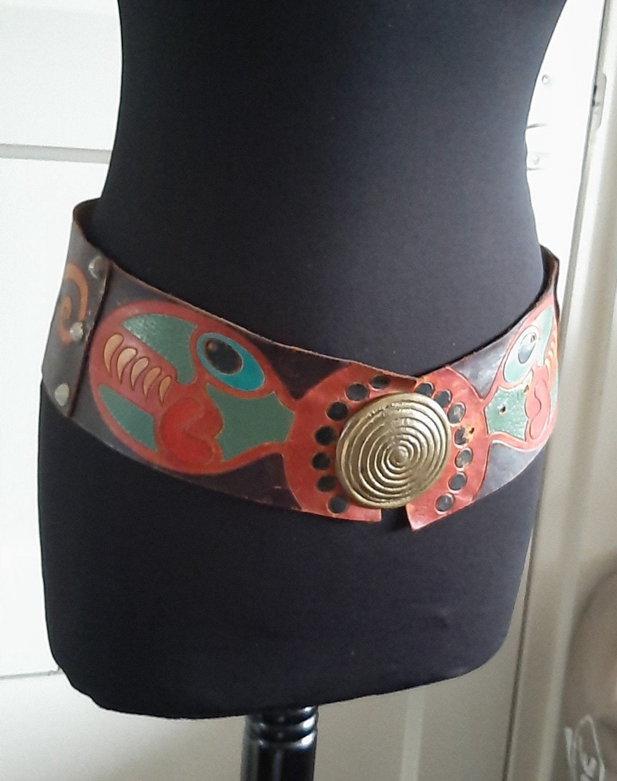 Vintage Boho-stijl jaren 70 handgemaakte heupriem, 80 tot 90 cm, Bruin, Echt leder, Heupriem
