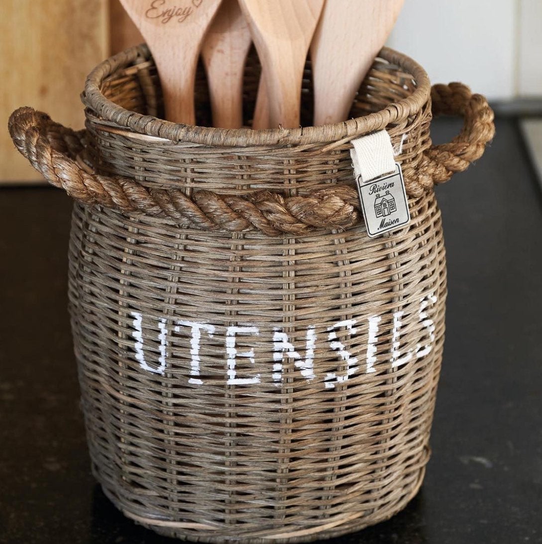 Riviera Maison Rotan Mand 'Utensils' met Touw Handvatten, Huis en Inrichting, Met handvatten, Gebruikt, Mand, Rond
