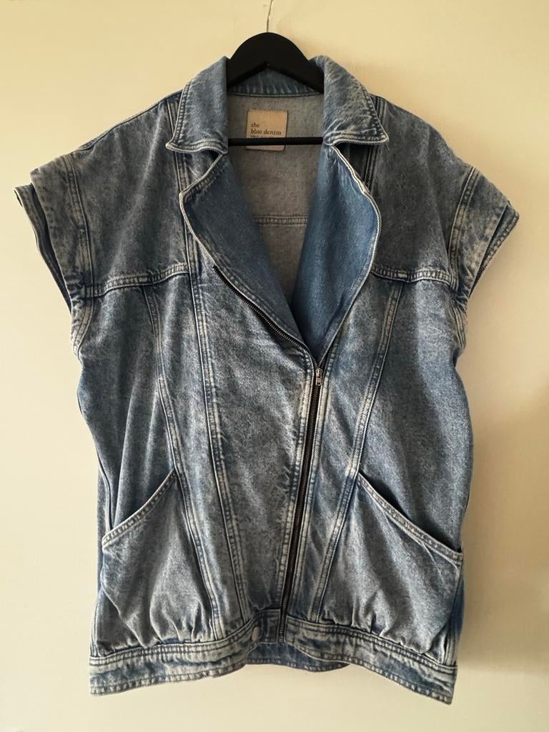 Vintage look 80's Denim Gilet met Kapmouwen en Rits, Ophalen of Verzenden, Gedragen, Maat 38/40 (M), Blauw
