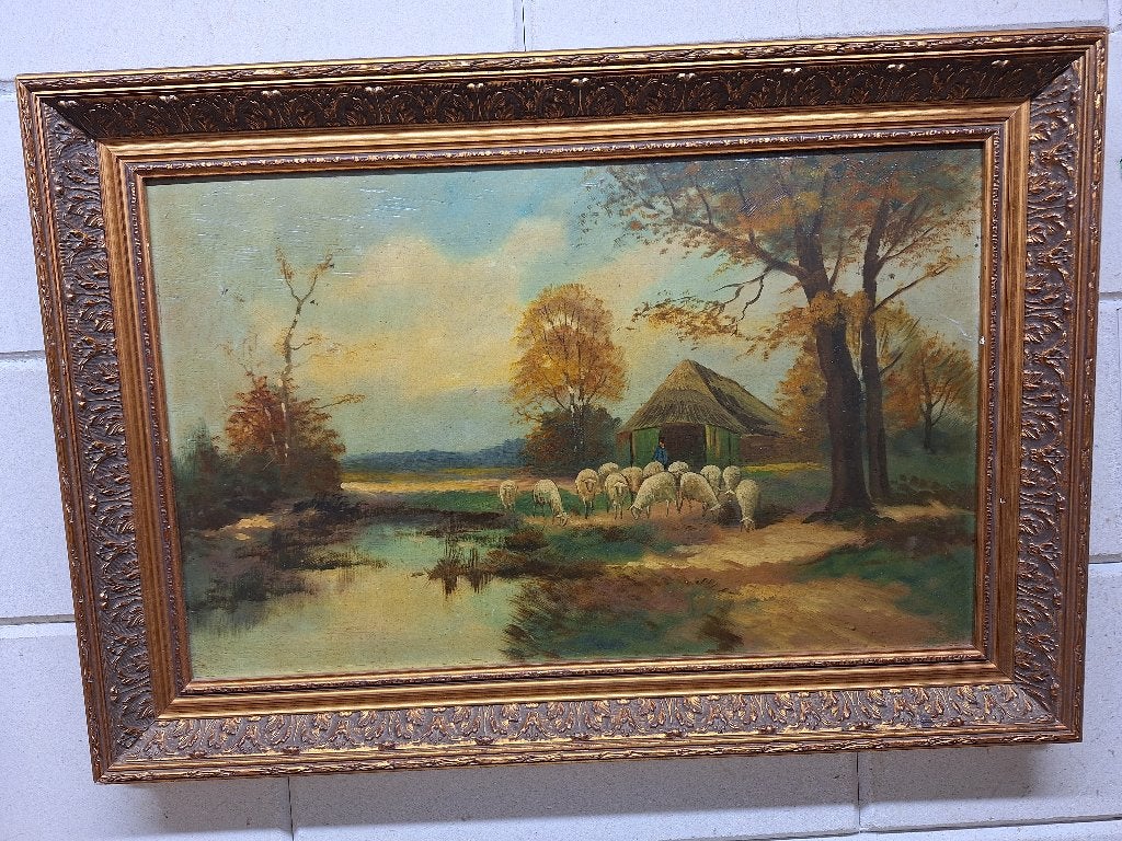 Oud Hollands Landschap met Schapen - Olieverf op Doek, Handgeschilderd, Doek, Oud hollands, Ophalen of Verzenden