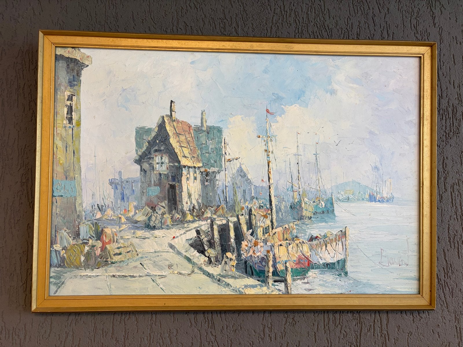 Schilderij Olieverf Maritiem Haven Dorpsgezicht Gesigneerd, Ophalen, Maritiem / water, Doek, Realistisch