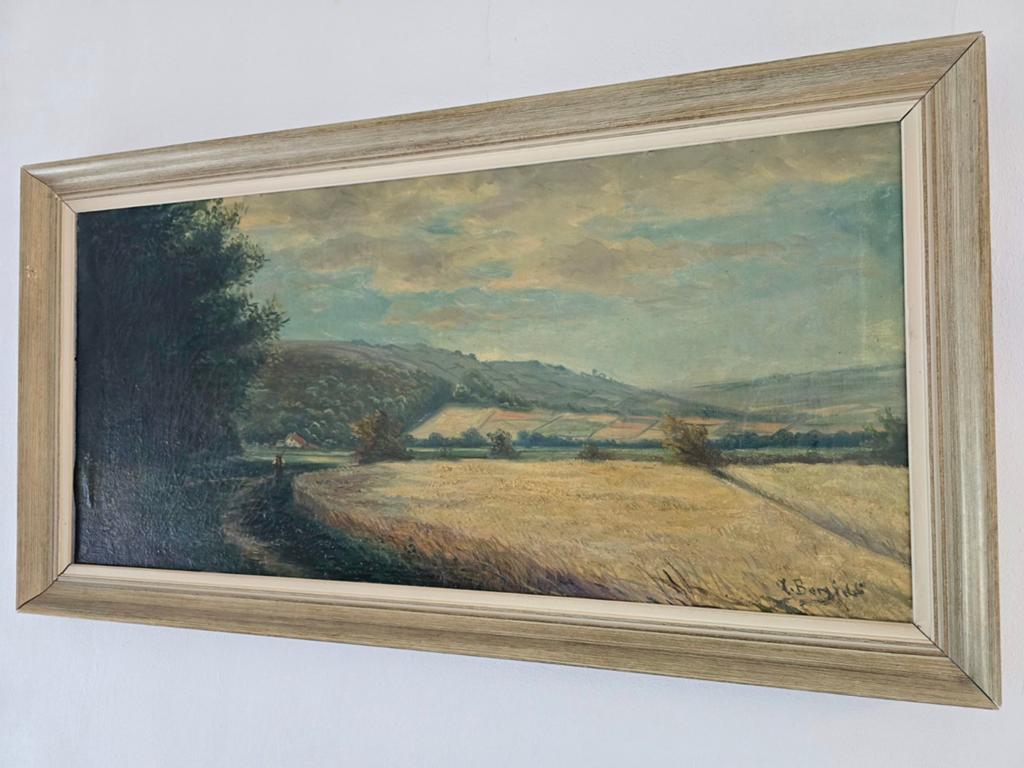 GROOT ANTIEK OLIEVERFSCHILDERIJ A. BERGFELD. Lang landschap, Ophalen