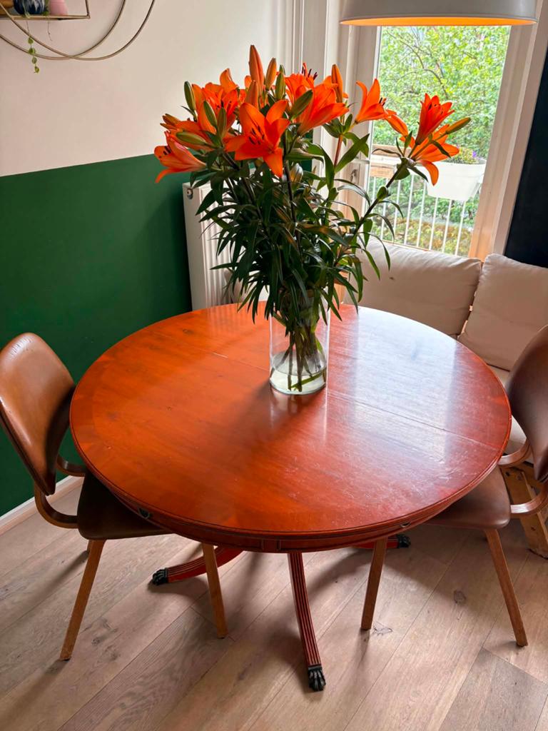 Echte houten ronde tafel met uitschuifbaar deel, Huis en Inrichting, Tafels | Eettafels, Ophalen, 200 cm of meer, 50 tot 100 cm