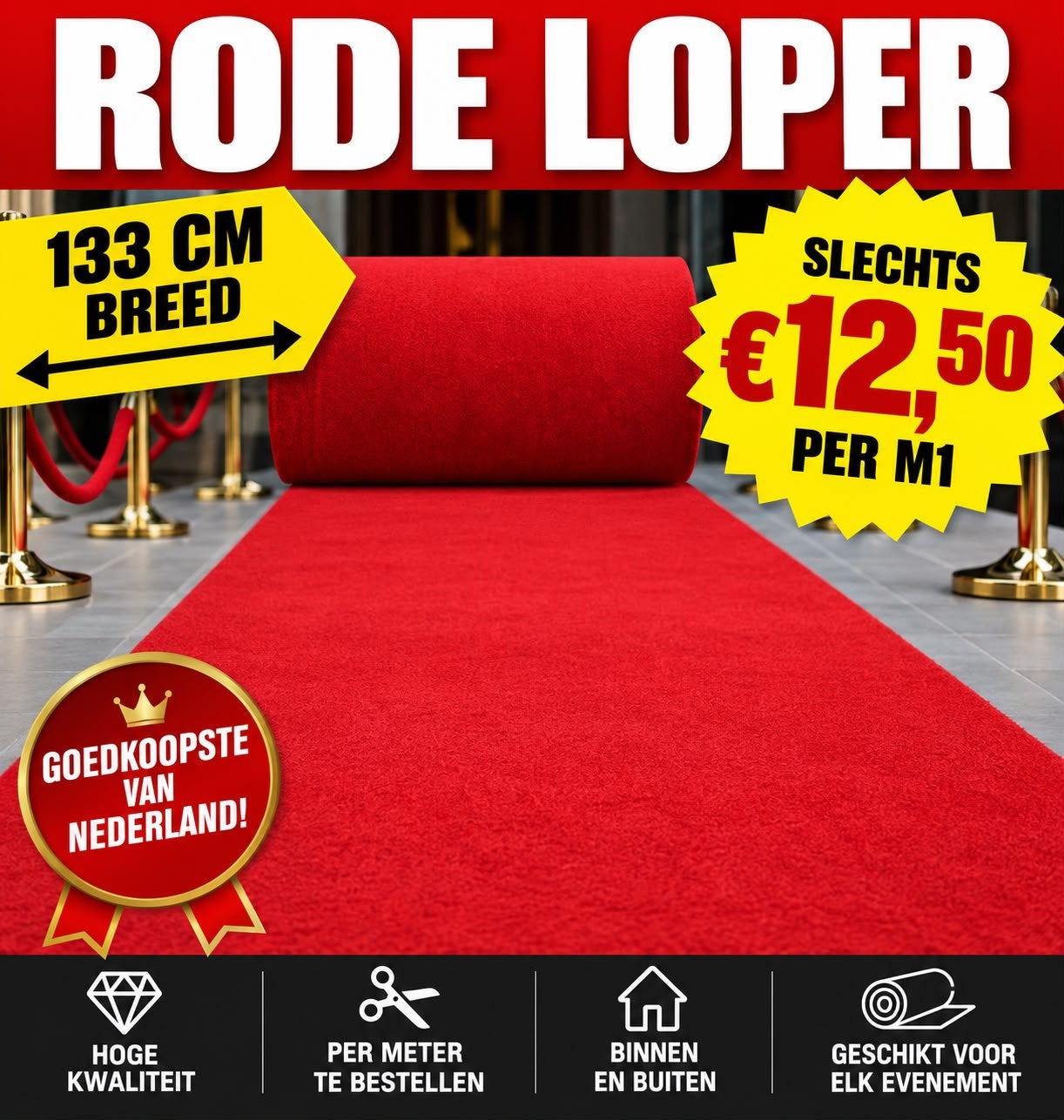 Rode loper – 133 cm breed | €12,50 per meter 🎬✨, Ophalen, Nieuw, Rood, 100 tot 150 cm