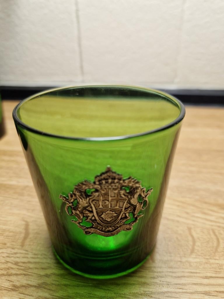 Vintage Groene Karaf met Glazen - Wapen Embleem, Antiek en Kunst, Antiek | Glas en Kristal, Ophalen of Verzenden