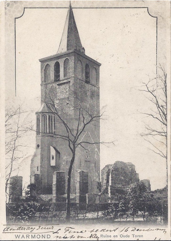 Warmond Ruïne en oude toren Ansichtkaart uit 1901 ( 9819 ), Ophalen of Verzenden, Voor 1920, Gelopen