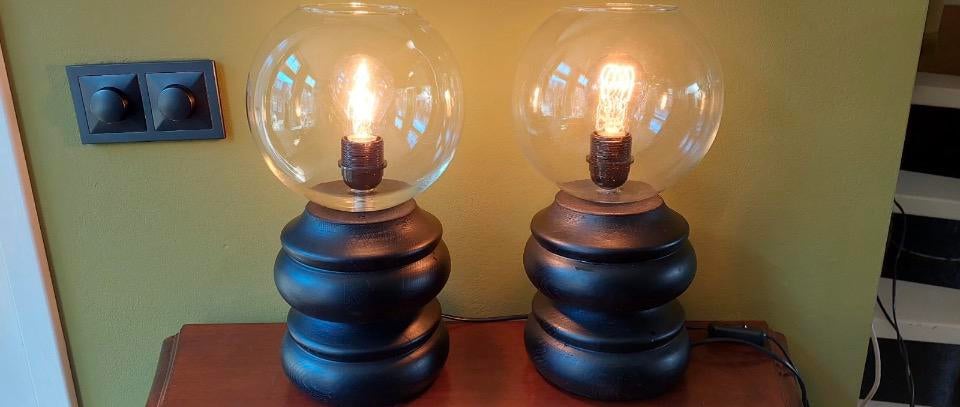Jaren 70 lampen houten bol set van twee, Antiek en Kunst, Antiek | Lampen, Ophalen of Verzenden