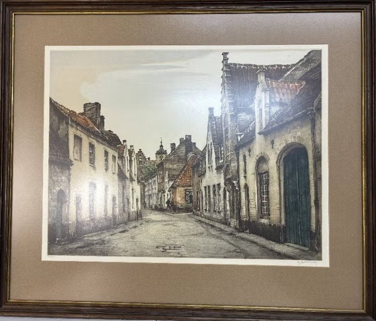 Prachtige sfeervolle ets M. Hebbelinck Vlaams stadsgezicht, Antiek en Kunst, Ophalen of Verzenden, Ets, Ingelijst