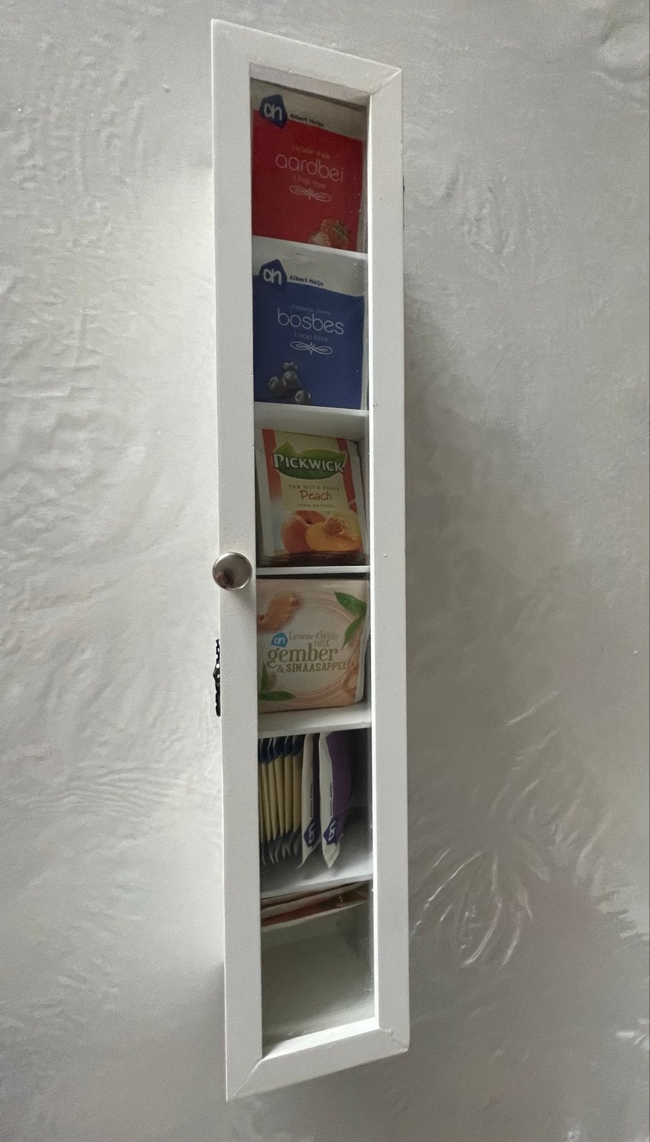 Witte theedoos met 6 vakken en transparante deksel, Ophalen, Hout, Zo goed als nieuw, Wit