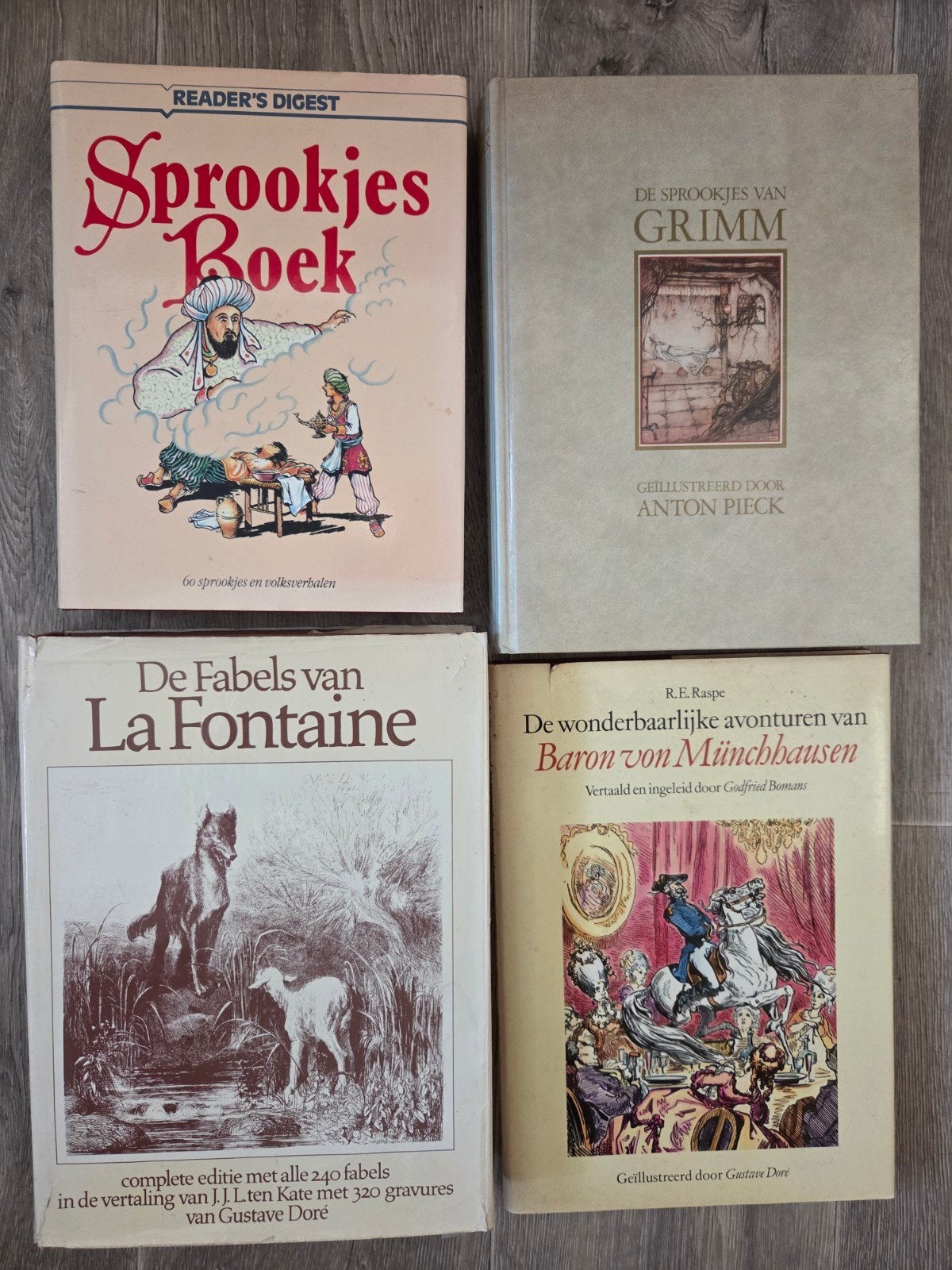 4x Sprookjes: Grimm, La Fontaine, Baron van Münchhausen, Ophalen of Verzenden, Gelezen, Diverse auteurs (La Fontaine, Grimm, R.E. Raspe)