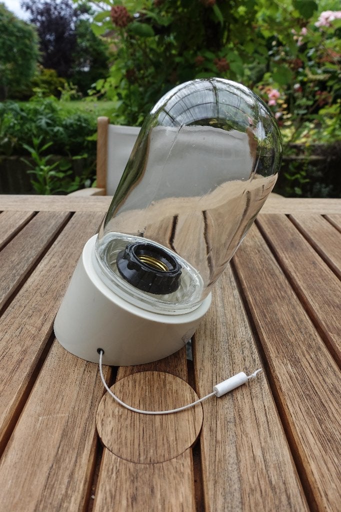 originele vintage boerderij - stal lamp met trekschakelaar, Wandlamp, E27 (groot), Ophalen of Verzenden, Glas