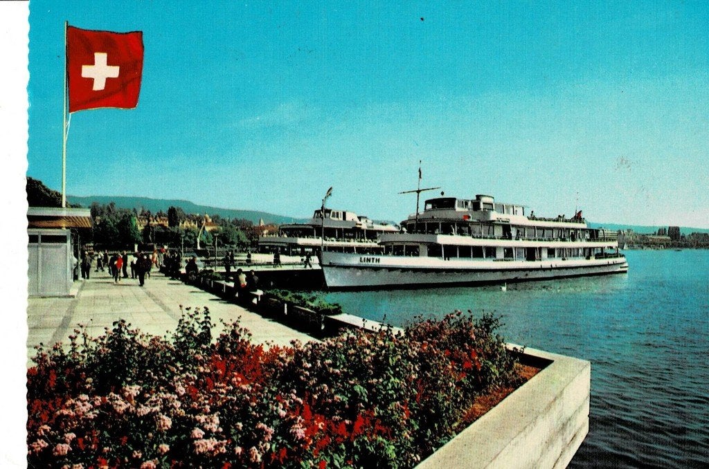 Zürich,  Zwitserse vlag en boten op het meer, Ophalen of Verzenden, 1960 tot 1980, Gelopen, Overig Europa