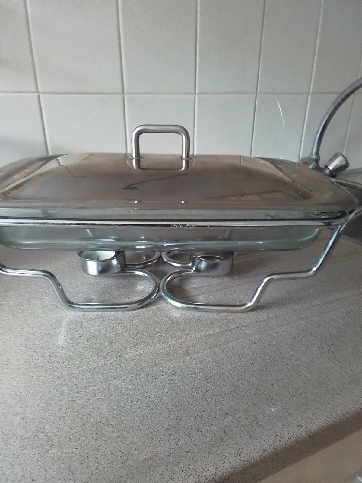 Chafing dish met glazen schaal en deksel, Zilver, Ophalen of Verzenden, Zo goed als nieuw, Overige merken