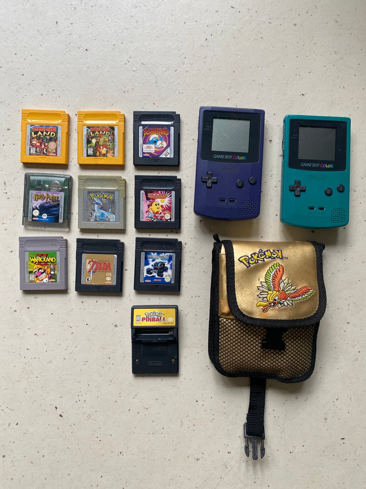 2x Gameboy Color + spellen + opberghoes, Spelcomputers en Games, Ophalen, Gebruikt, Game Boy Color