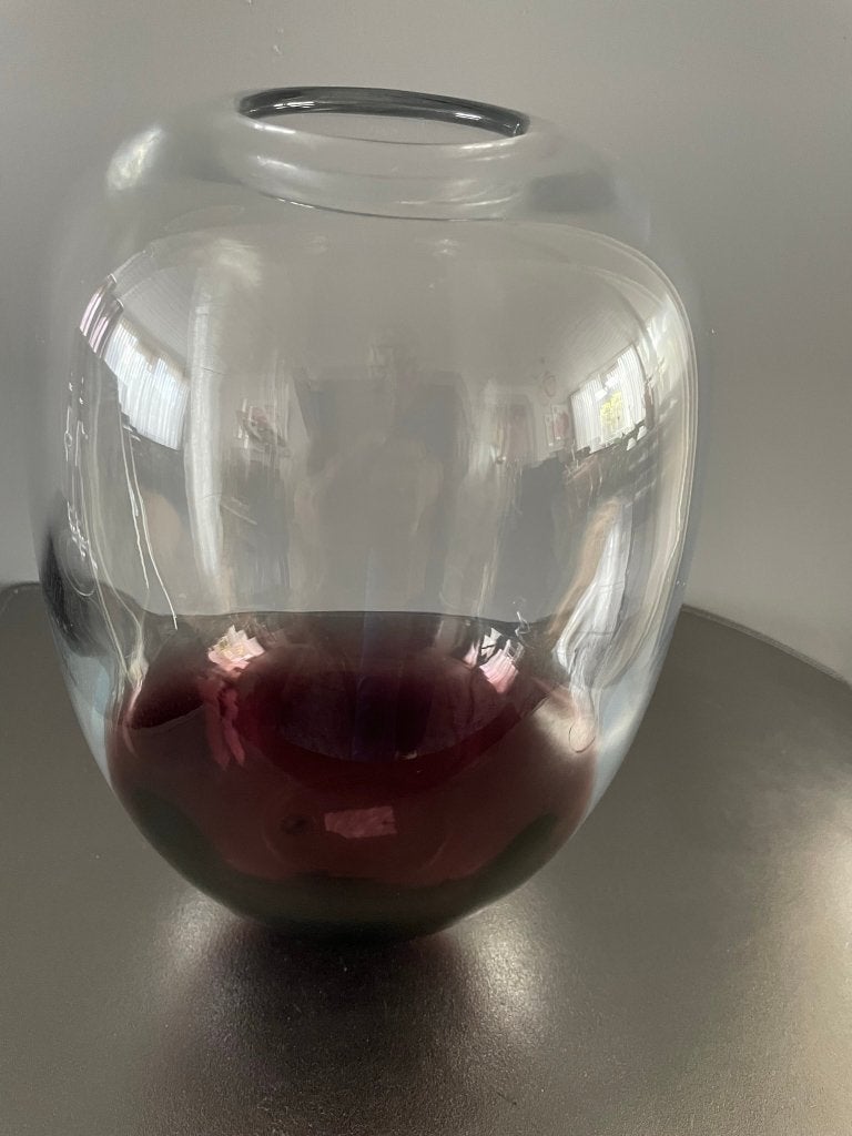 Zware glazen vaas, helder glas met paars, rond, Ophalen of Verzenden, Paars, 25 cm, Glas