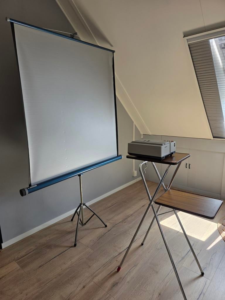 Complete Reflecta Dia projector set met tafel en doek, Ophalen, Gebruikt, Met scherm