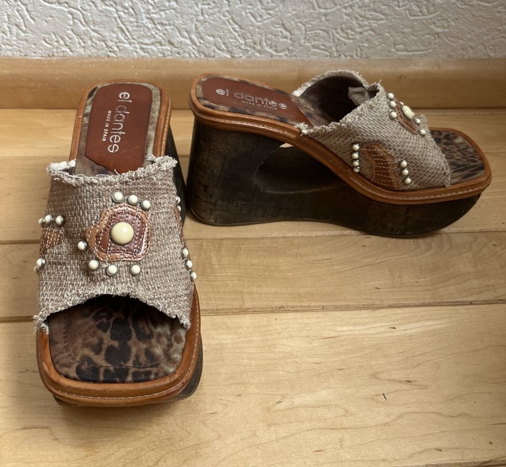 El Dantés VINTAGE plateau muilen maat 40 Y2K 90's hout stof, Kleding | Dames, Verzenden, Beige, Sandalen of Muiltjes, Zo goed als nieuw