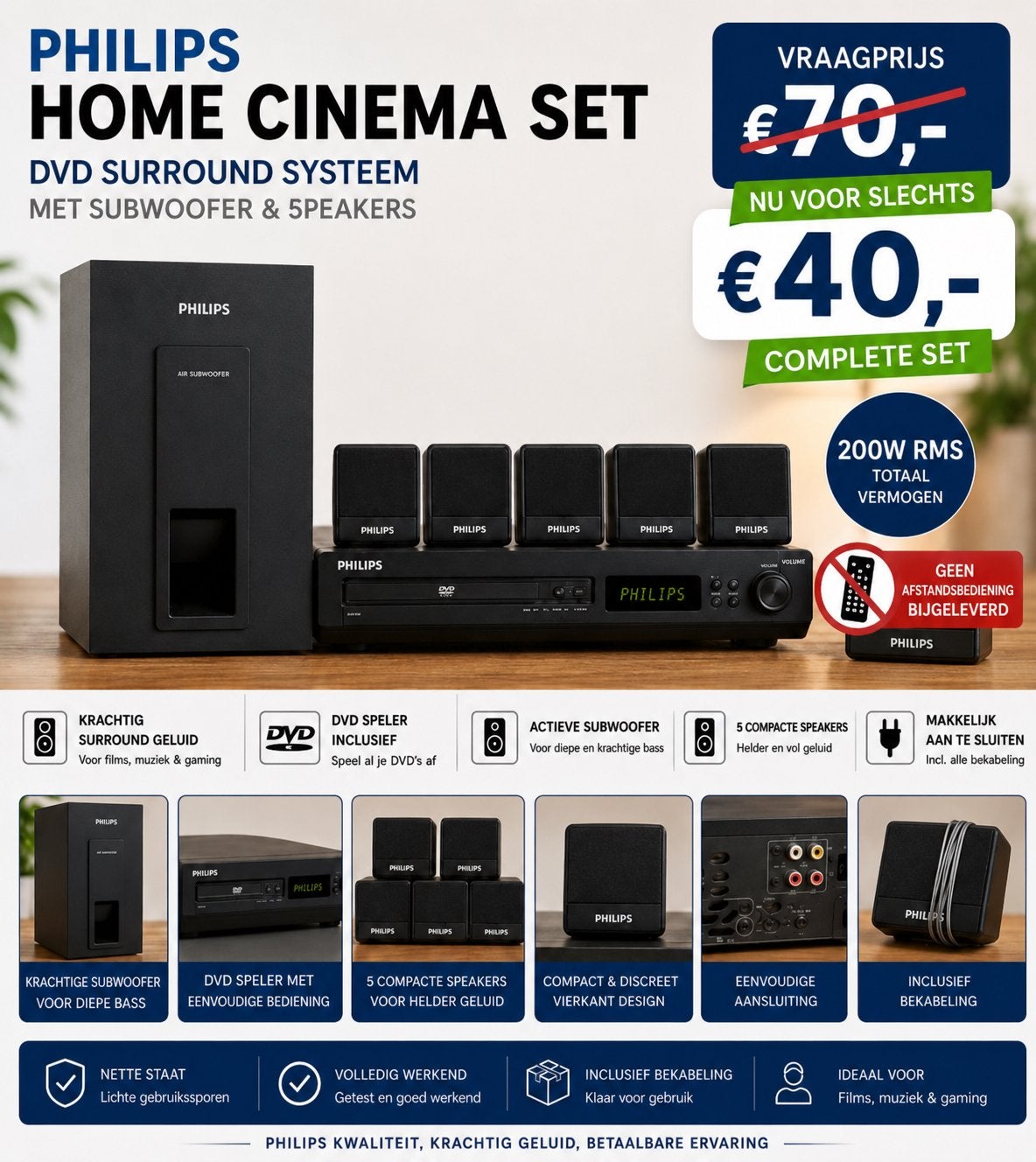 Philips HTS3011 Home Cinema Set 5.1 – 200W RMS + Subwoofer, Ophalen, 5.1-systeem, 70 watt of meer, Philips