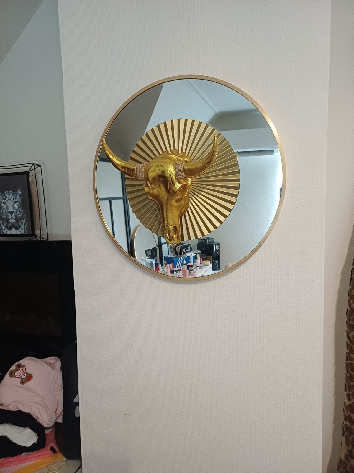 Gouden Stierenkop Spiegel Wanddecoratie, Metaal, Decoratieobject, Ophalen of Verzenden, Modern