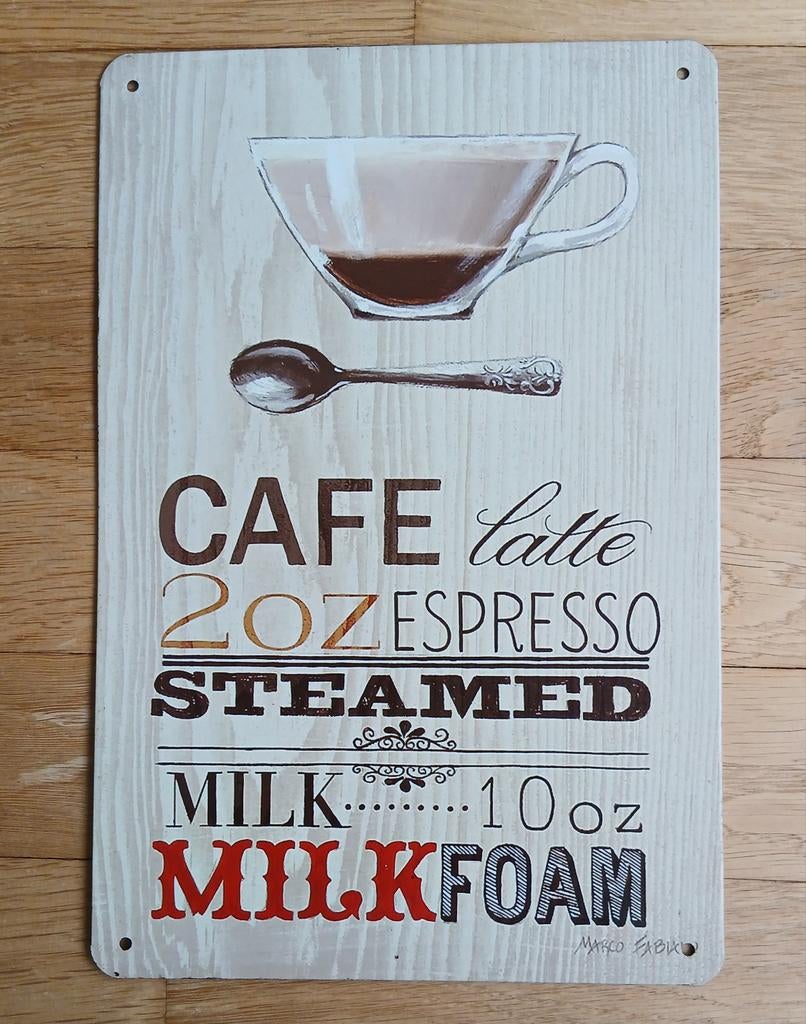 Blikken Reklame Bord Cafe Latte Marco Fabiano, Ophalen of Verzenden, Zo goed als nieuw