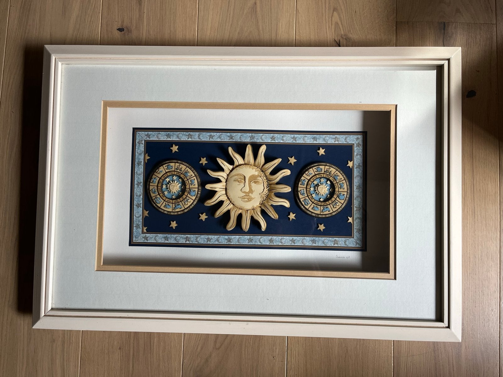 Set van 5 ingelijste wanddecoraties: Zon, Maan en Wolken, Schilderij, Hout, Meerkleurig, Ophalen of Verzenden