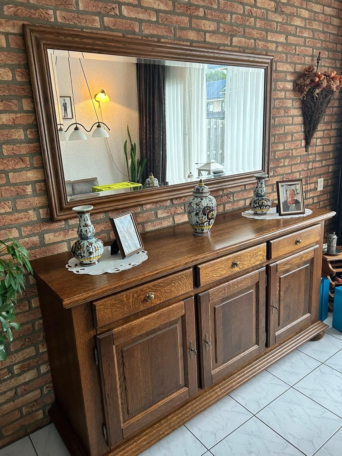 Eiken dressoir met spiegel - Klassiek en ruim, Ophalen, Gebruikt, Met lade(s), Klassiek