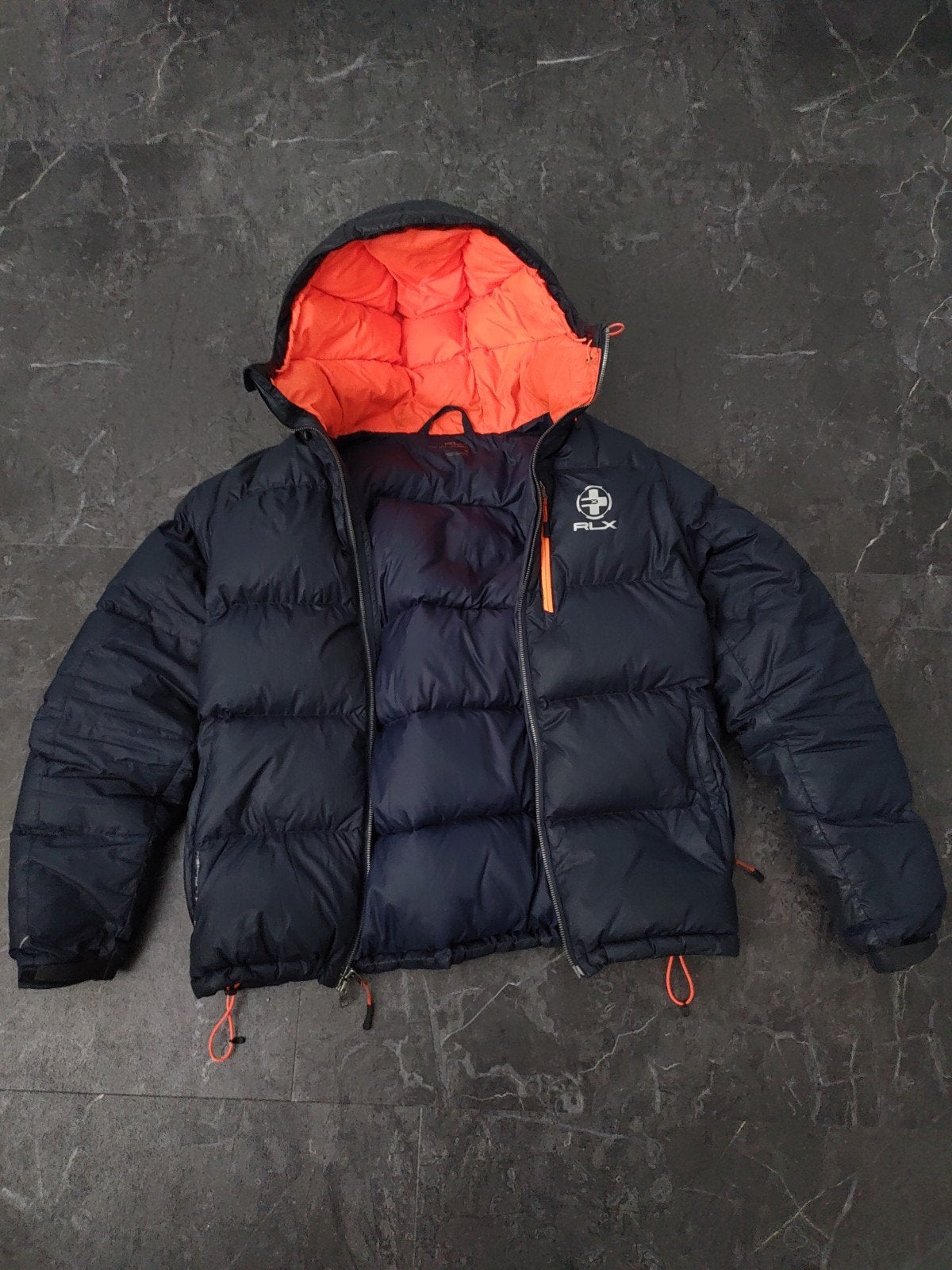 RLX Ralph Lauren donsjack - Donkerblauw met oranje voering, Blauw, RLX Ralph Lauren, Overige maten, Ophalen of Verzenden