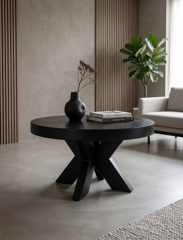 Mangohouten Ronde Zwarte Salontafel 80x80x45cm, Overige houtsoorten, 50 tot 100 cm, Mangohouten salontafel rond, Rond