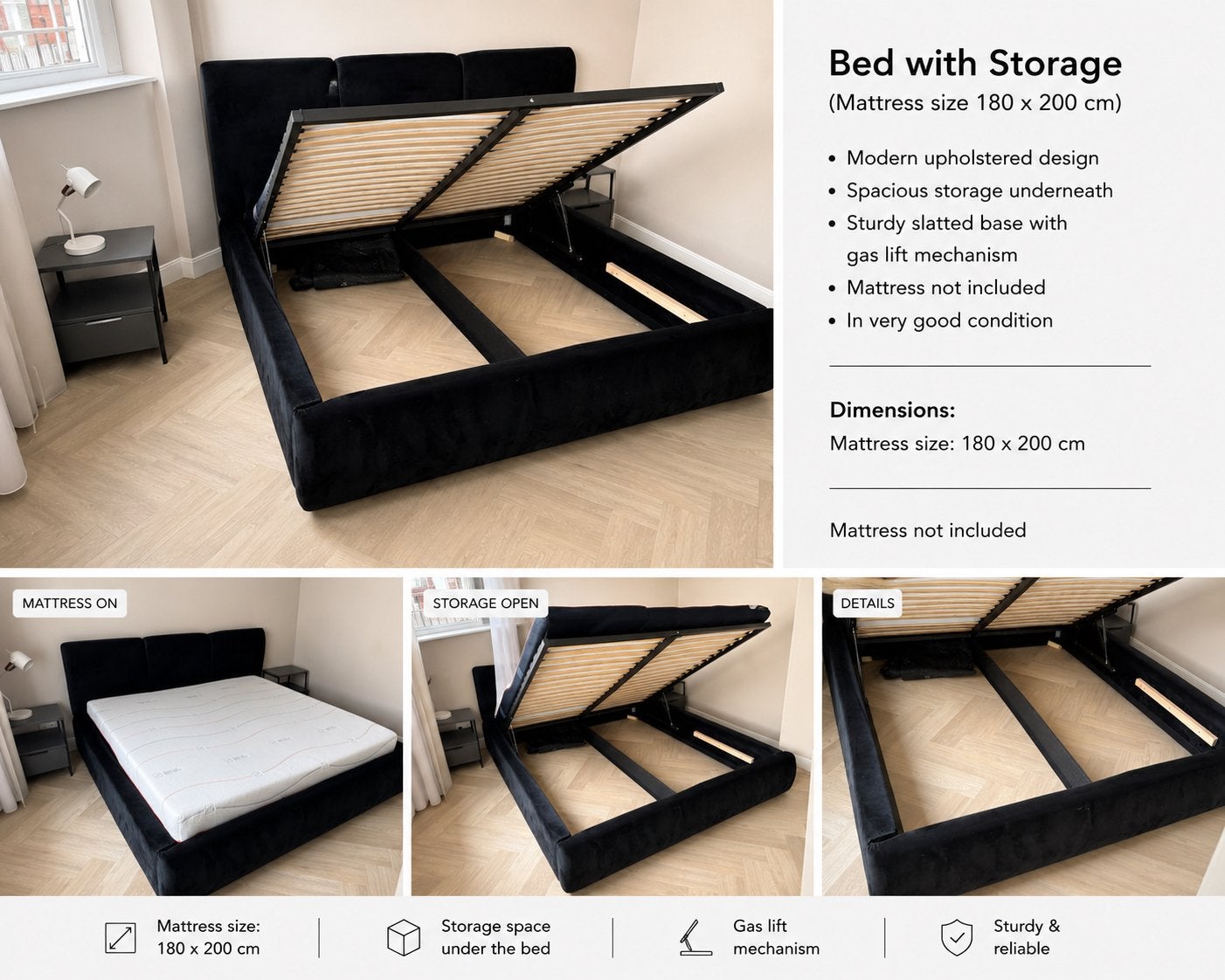 Bed frame 180x200 cm with storage – black velvet, Verstelbaar, Zwart, Tweepersoons, Ophalen of Verzenden