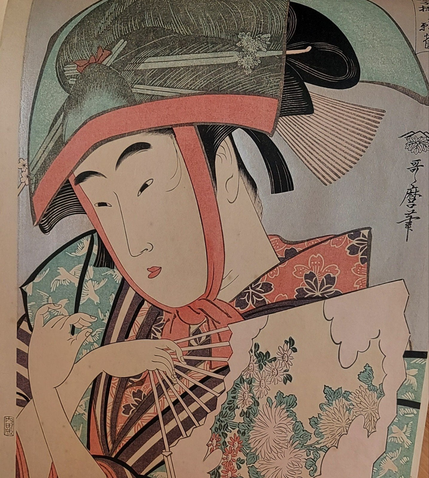 Kitagawa Utamaro - Japanse vrouwen met waaier - houtblok, Antiek en Kunst, Gestempeld, Ophalen of Verzenden, Portret en Figuren