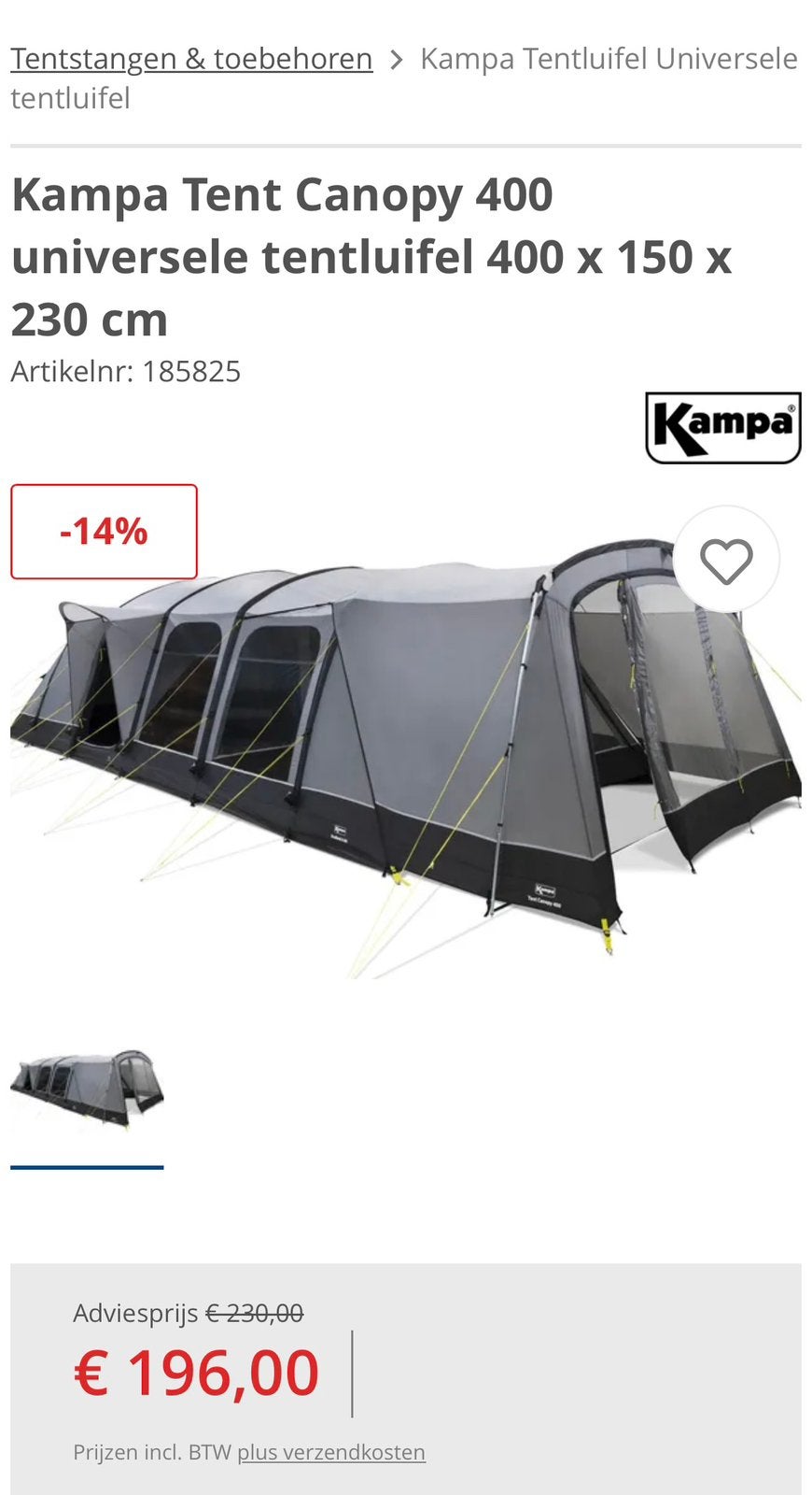 Kampa tentluifel 400, Ophalen of Verzenden, Nieuw, Tot en met 4