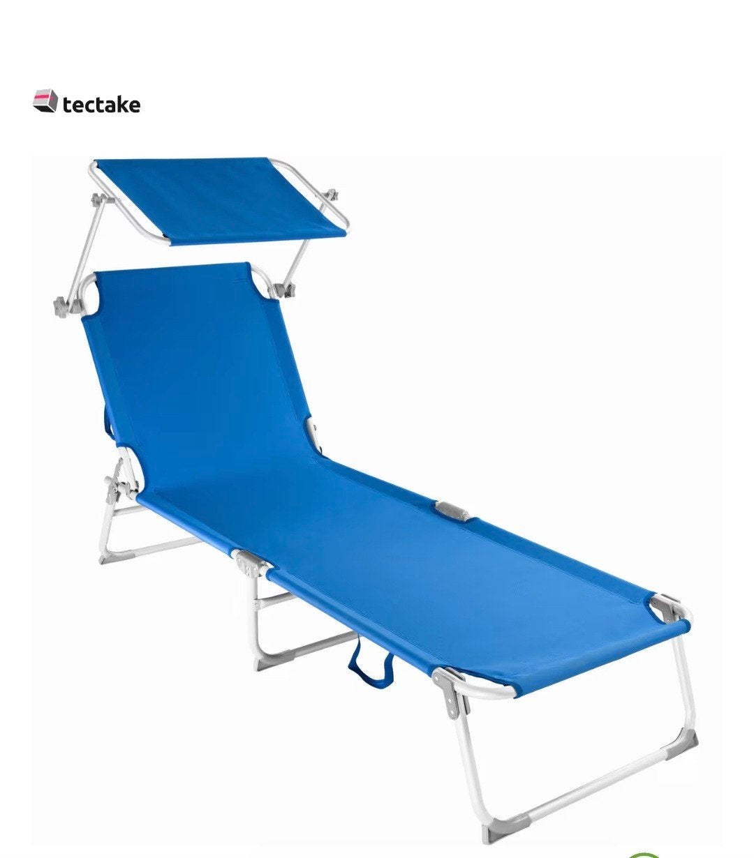 Tectake Ligbed met zonnekap - Blauw (2x gebruikt), Ophalen, Zo goed als nieuw, Campingstoel